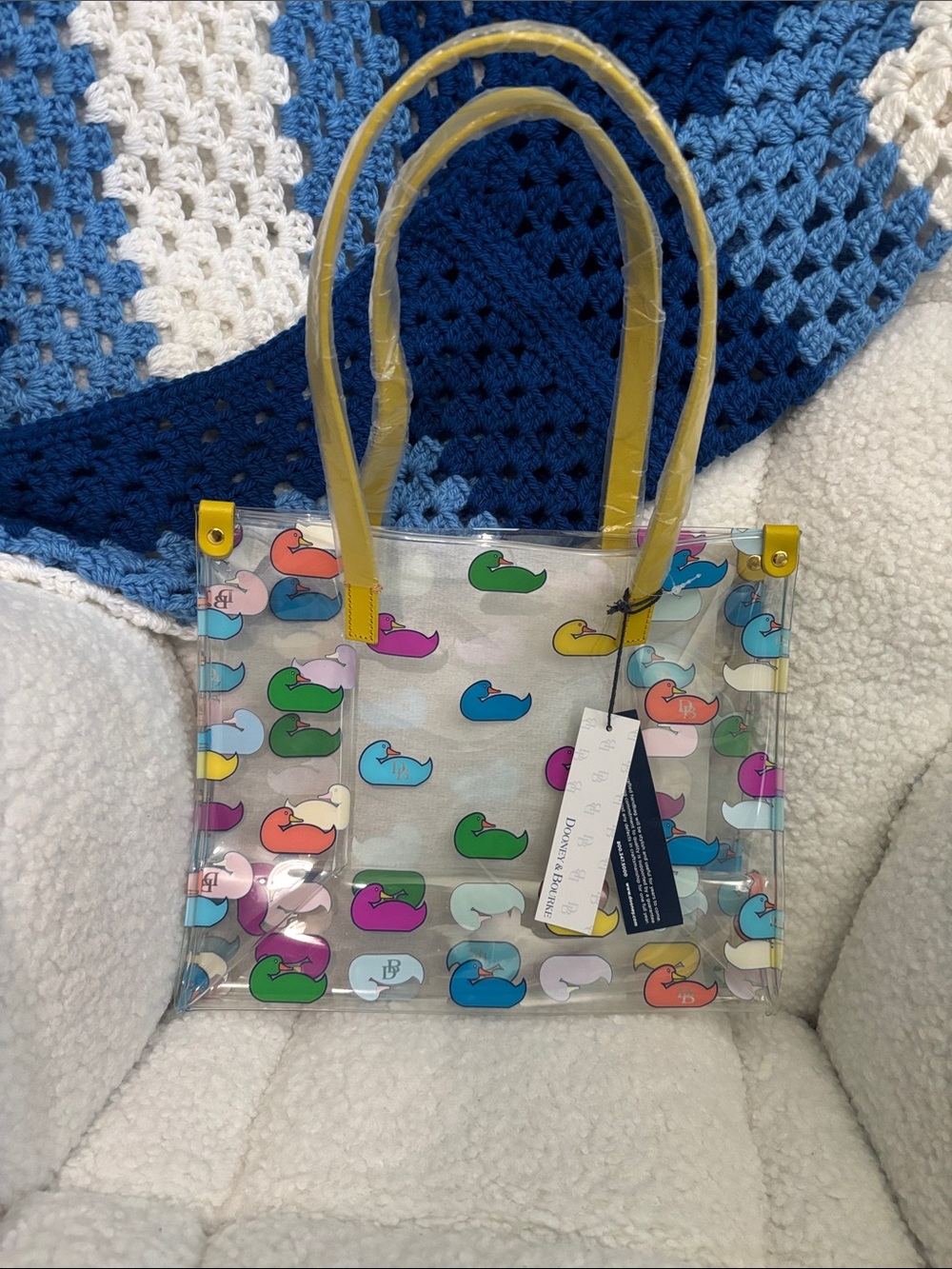 NWT Clear Multicolor Dooney & Bourke Duck Print Tote Bag with Yellow Handles